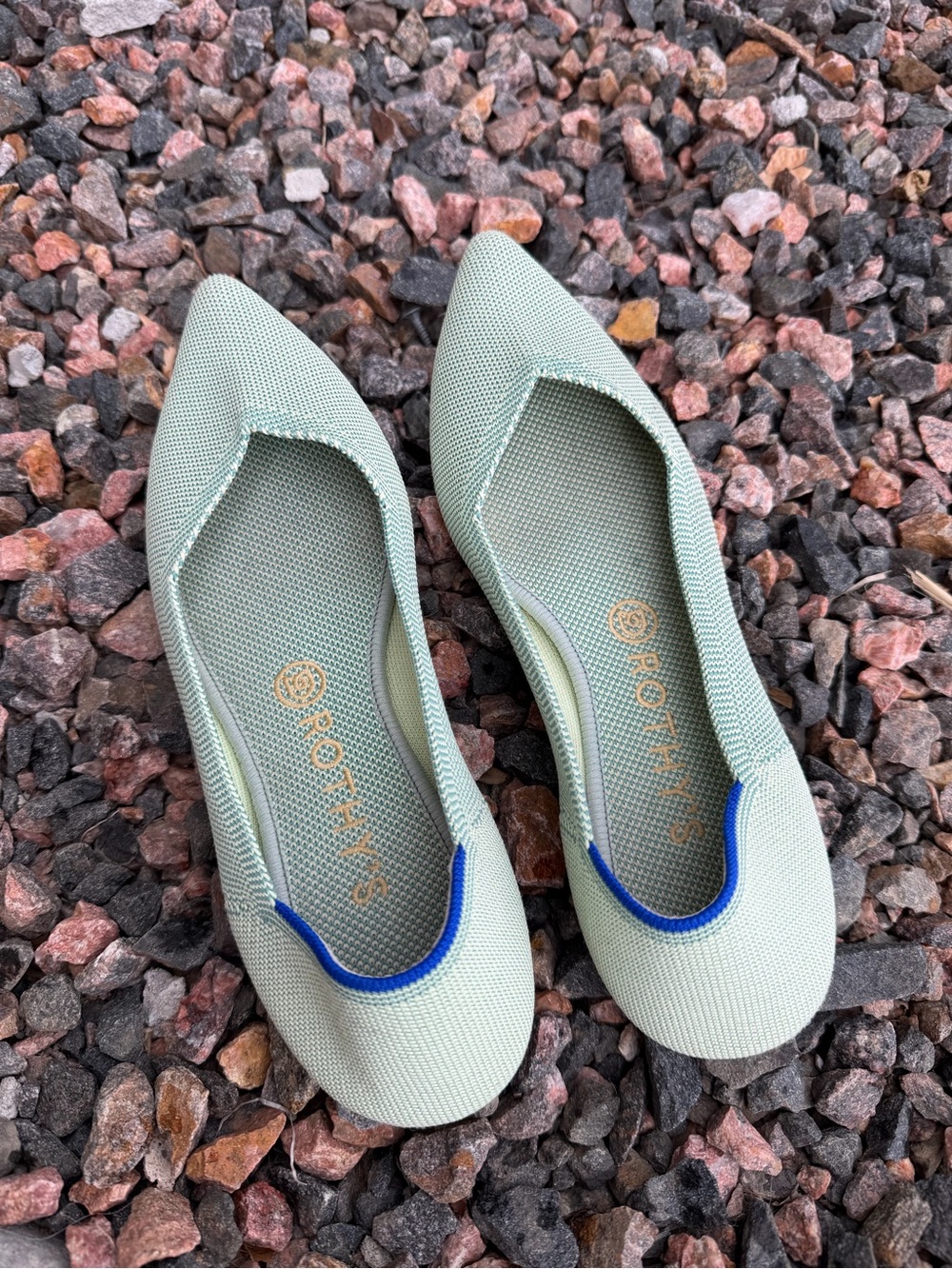 Rothy's Pointed Knit Mules in Sage with Blue Trim